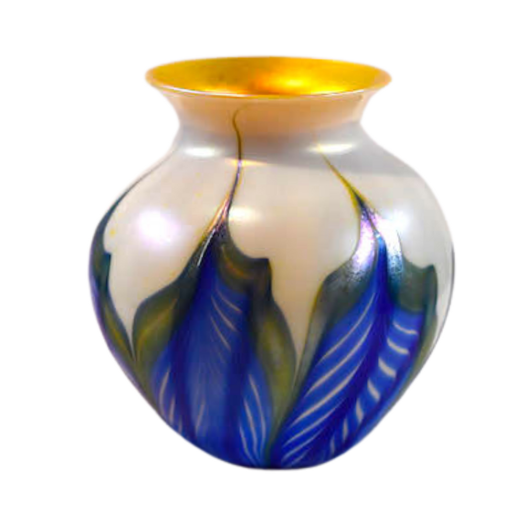 Blue Leaf White Art Glass Vase